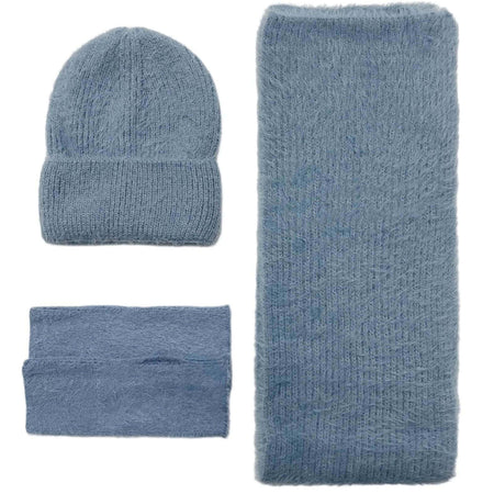 Ladies Fluffy Knitted Scarf, Hat & Fingerless Glove Set - Powder Blue