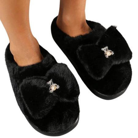 Ladies Fluffy Teddy Brooch Slippers - Black