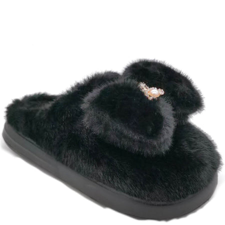 Ladies Fluffy Teddy Brooch Slippers - Black