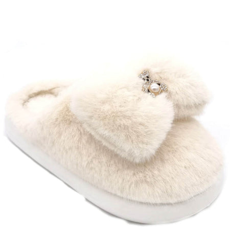 Ladies Fluffy Teddy Brooch Slippers - Cream