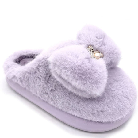 Ladies Fluffy Teddy Brooch Slippers - Lilac