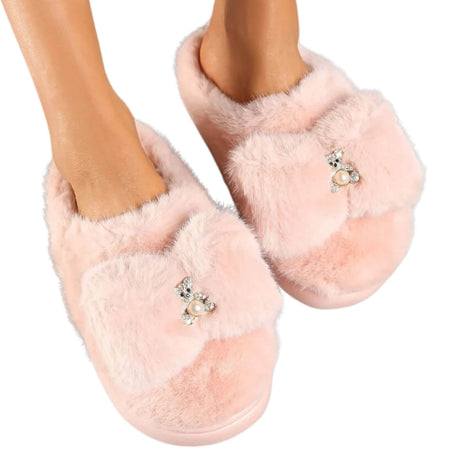 Ladies Fluffy Teddy Brooch Slippers - Pink