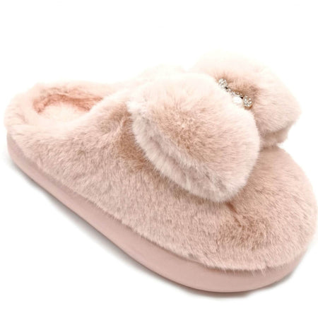 Ladies Fluffy Teddy Brooch Slippers - Pink