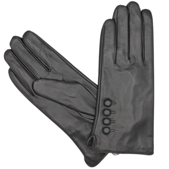 Ladies Leather Button Gloves - Black