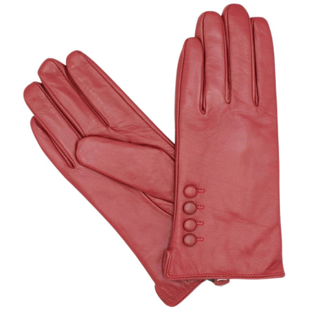 Ladies Leather Button Gloves - Deep Red