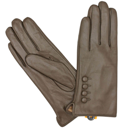 Ladies Leather Button Gloves - Brown