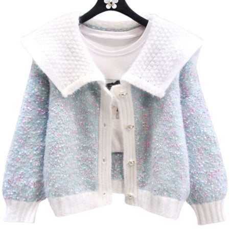 Ladies Multi Coloured Knitted Oversized Collar Cardigan