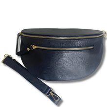 ladies leather dark navy bag with two gold zips