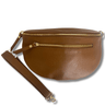 ladies leather tan  brown bag with two gold zips
