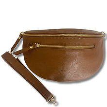 ladies leather tan  brown bag with two gold zips