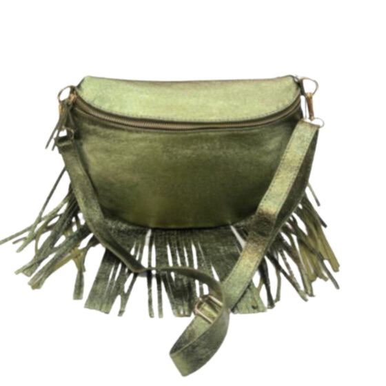 Metallic Green Leather Fringed Crossbody Bag