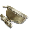 Gold metallic fanny pack with a strap on a white background