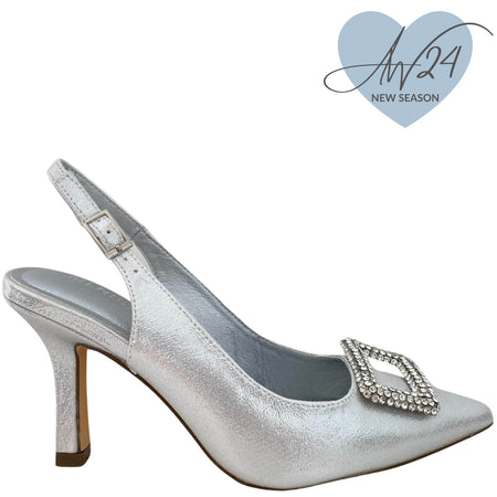 Menbur Silver Sling Back Heeled Shoes