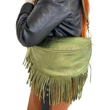 Metallic Green Leather Fringed Crossbody Bag