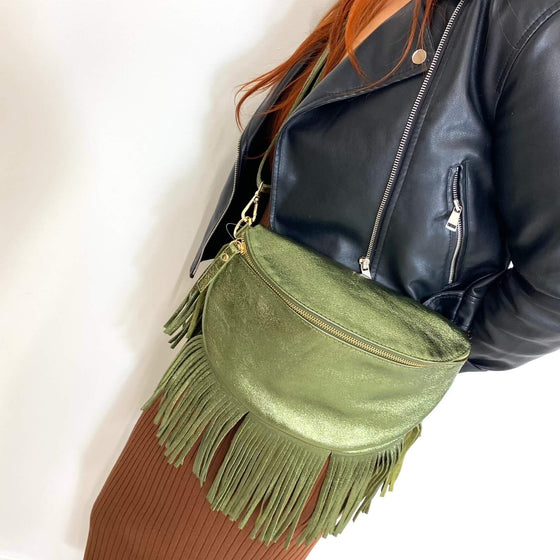 Metallic Green Leather Fringed Crossbody Bag