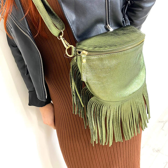 Metallic Green Leather Fringed Crossbody Bag