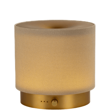Textured beige lamp with gold base on a white background