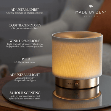 Made by Zen diffuser with features listed on a blurred background