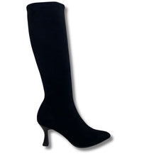 A single black suede over-the-knee boot with a pointed toe and a slim kitten heel, shown from a side profile on a white background with a soft drop shadow.