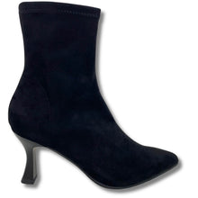 A single black suede ankle boot with a pointed toe and a short high heel, shown from a side profile on a white background.