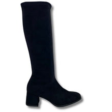 Miss Elastic Black Suede Square Toe Long Length Boots