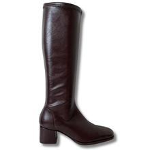 Brown knee-high boot on a white background