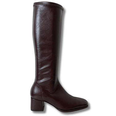 Brown knee-high boot on a white background