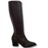 A dark brown knee-high leather boot with a pointed toe and a low block heel, shown from a side profile on a white background.