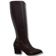 A dark brown knee-high leather boot with a pointed toe and a low block heel, shown from a side profile on a white background.
