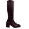 A single knee-high leather boot in a deep burgundy color, shown from a side profile against a plain white background.