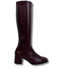 A single knee-high leather boot in a deep burgundy color, shown from a side profile against a plain white background.