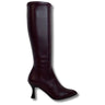 A single dark burgundy knee-high leather boot with a pointed toe and a short kitten heel, shown from a side profile on a white background.