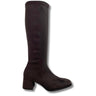 dark brown knee-high boot with a block heel and rounded toe, shown in profile against a white background.