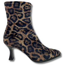 A single ankle boot with a pointed toe and a mid-height stiletto heel, featuring a brown and black leopard print pattern on a white background.
