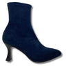 navy blue suede ankle boot with a black kitten heel, shown from a side profile 