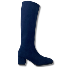 Navy blue knee-high boot on a white background