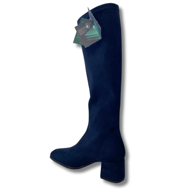 Navy blue knee-high boot with a tag on a white background