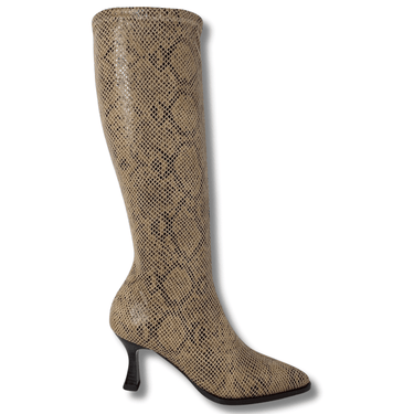 Tan knee-high boot with snake print on a white background