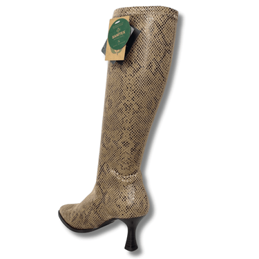 Snakeskin-patterned knee-high boot with a brand tag on a white background
