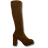 brown suede knee-high boot with a chunky block heel and platform sole, shown from a side profile on a white background with a drop shadow.