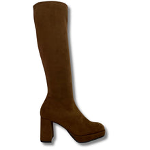 brown suede knee-high boot with a chunky block heel and platform sole, shown from a side profile on a white background with a drop shadow.