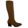 A single knee-high brown suede boot with a pointed toe and a low block heel, shown from a side profile on a white background.