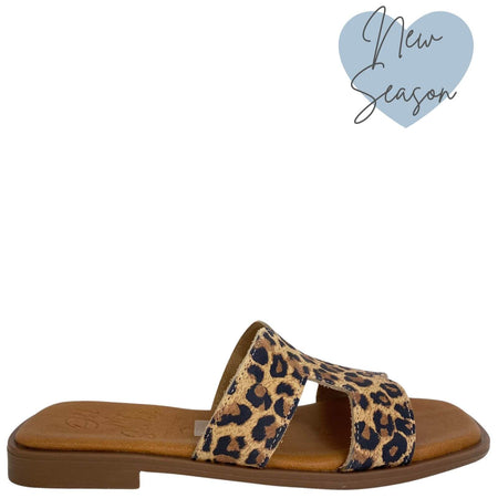 Oh My Sandals Animal Print Leather Slip On Flat Mules