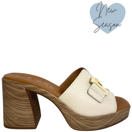 Oh My Sandals Beige Leather Platform Slip On Mule Sandals