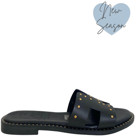 Oh My Sandals Black Leather Studded Slip On Flat Mules