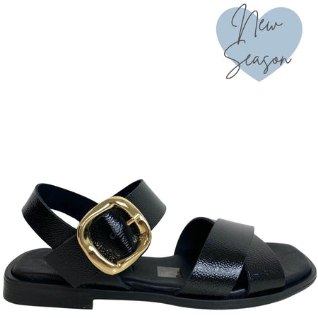 Oh My Sandals Black Patent Leather Crossover Strap Flat Sandals