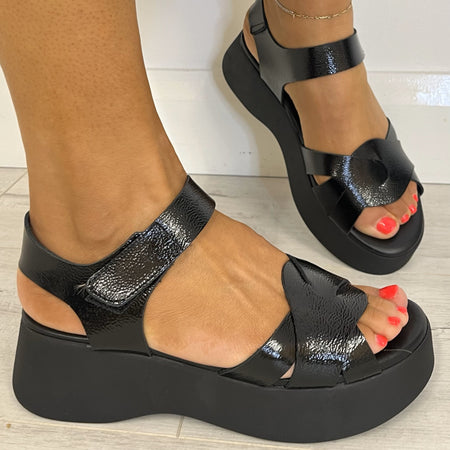 Oh My Sandals Black Patent Leather Velcro Ankle Strap Sandals