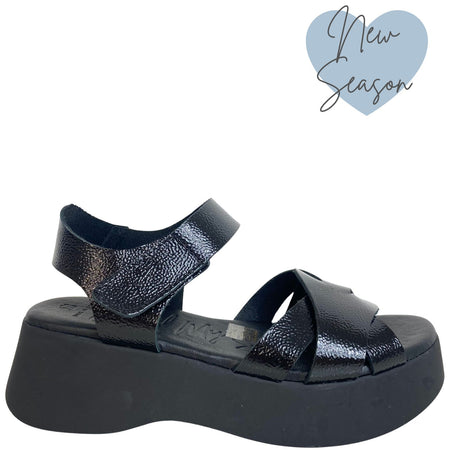 Oh My Sandals Black Patent Leather Velcro Ankle Strap Sandals