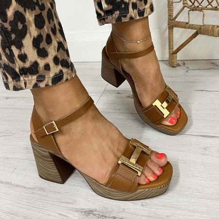 Oh My Sandals Block Heel Tan Leather Platform Sandals