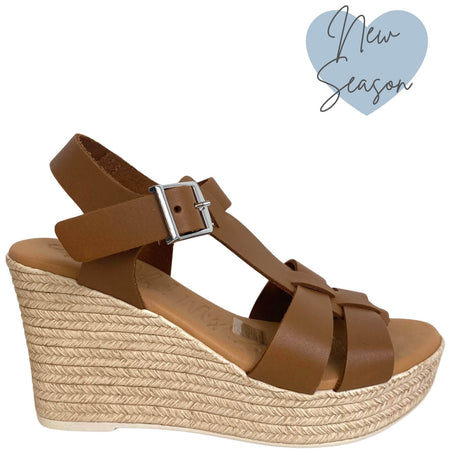 Oh My Sandals Brown Leather T Bar Strap Wedge Sandals